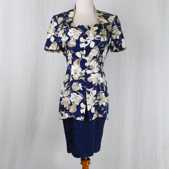 Vintage Adrianna Papell Retro 1940s Style Floral Silk Peplum Sheath Dress 4
